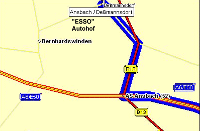 Anfahrt zu Hotel Garni Dessmannshof von Autobahn Nürnberg-Heilbronn A6 / E50, Ausfahrt 52 über B13 bei Esso Autohof