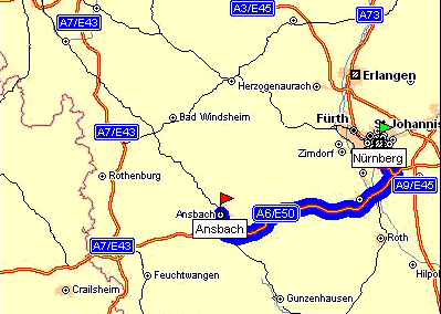 location map hotel b&b, on motorway A6 / E50 and highway B13 near ansbach, near toy exhibition nuremberg